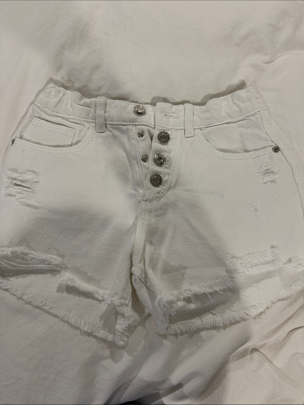 Zara White Distressed Button-Fly Denim Shorts